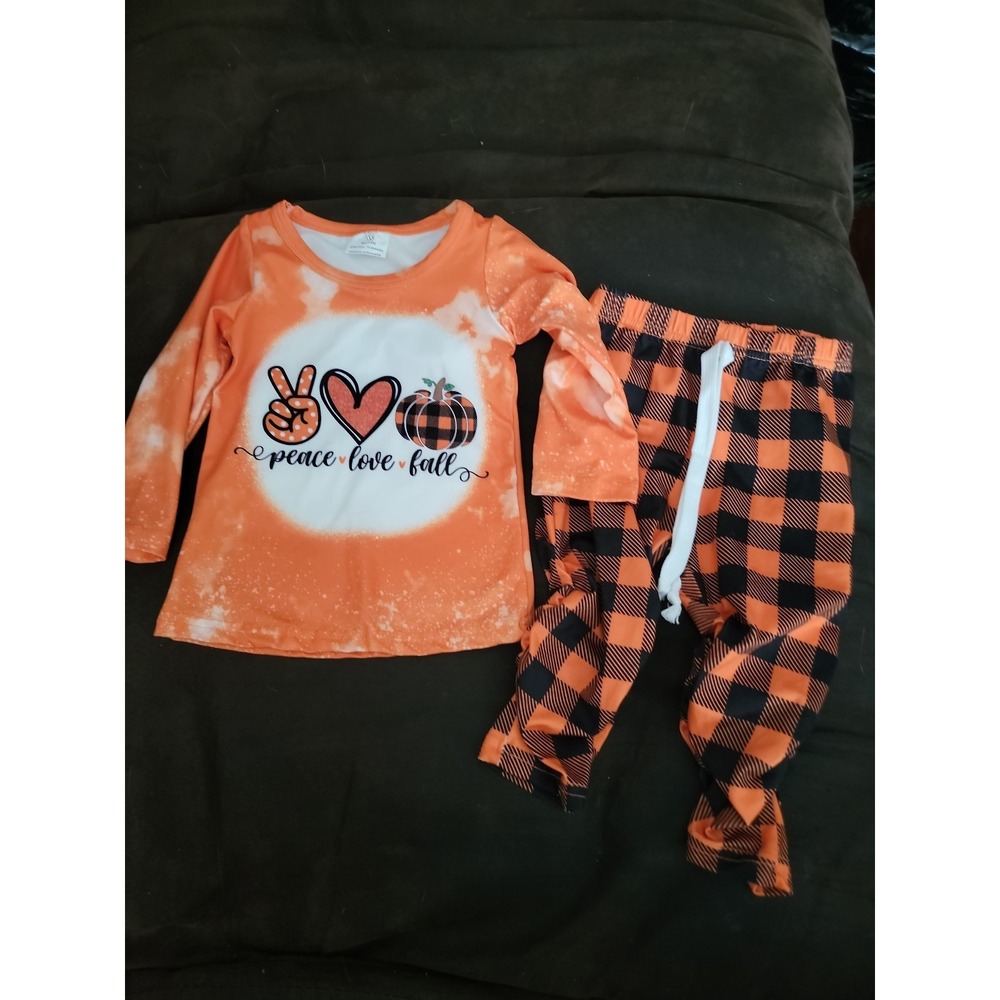 Boutique fall Halloween pumpkin peace love fall plaid outfit 3 6 months